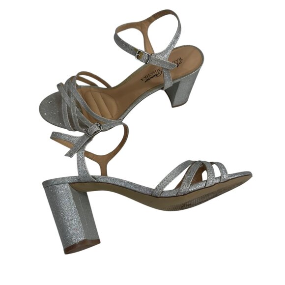 Badgley Mischka Silver Glitter Block Heel Dress Sandals Womens SZ 8 Ankle Strap - Picture 14 of 16